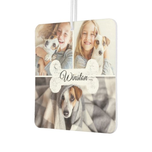 家族モダンペット3フォトコラージドッグボーン&名前 カーエアーフレッシュナー (左)