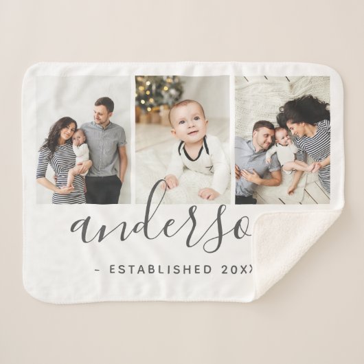 家族モダンモノグラム3フォトコラージュ シェルパブランケット (正面(横))