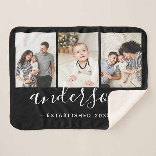 家族モダンモノグラム3フォトコラージュ シェルパブランケット (正面(横))