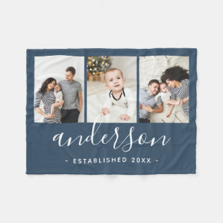 家族モダンモノグラム3フォトコラージュ フリースブランケット