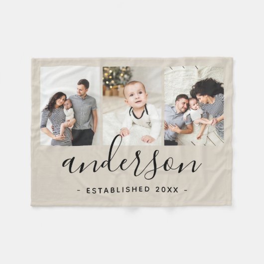 家族モダンモノグラム3フォトコラージュ フリースブランケット (正面(横))