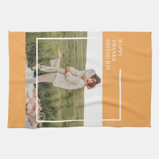 家族モダン写真と幸せな感謝祭の日の贈り物 キッチンタオル (横)