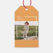 家族モダン写真と幸せな感謝祭の日の贈り物 ギフトタグ (正面)