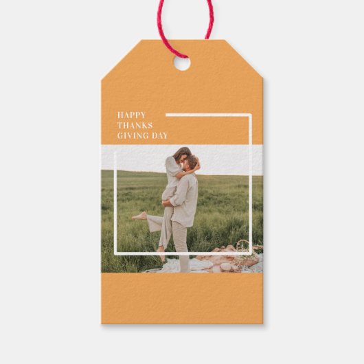 家族モダン写真と幸せな感謝祭の日の贈り物 ギフトタグ (正面)