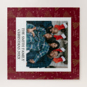 家族モダン写真と赤の季節の挨拶 ジグソーパズル (横)