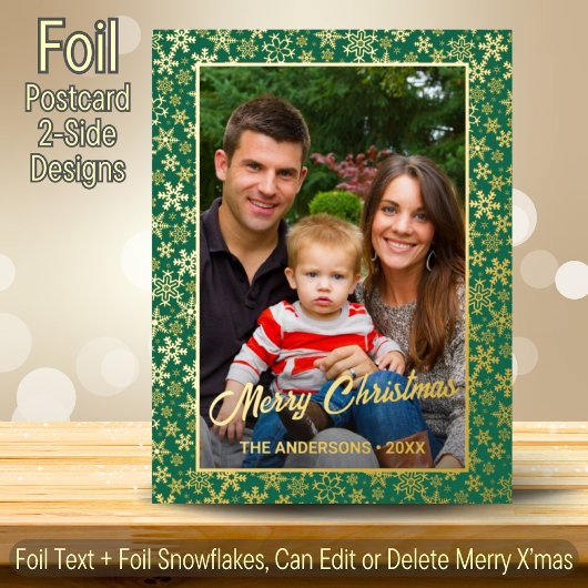 家族モダン写真クリスマスのスクリプエレガントト緑 箔シーズンポストカード