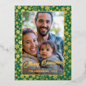 家族モダン写真クリスマスのスクリプエレガントト緑 箔シーズンポストカード (正面)