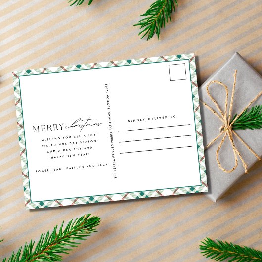 家族モダン写真クリスマスプレイド シーズンポストカード