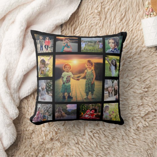 家族モダン写真コラージュのモノグラム名black th クッション (ブランケット)