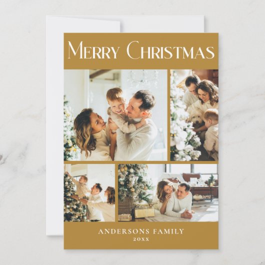 家族モダン写真コラージュマスタード金ゴールドクリスマス シーズンカード (正面)