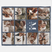 家族モダン写真コラージュモノグラムのネイビーブルー フリースブランケット (正面(横))