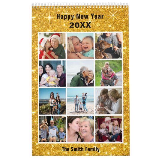 家族モダン写真コラージュ金ゴールドグリッターカスタム カレンダー (カバー)