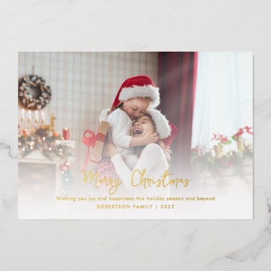 家族モダン写真スクリプスタイリッシュトのクリスマス金ゴールド 箔シーズンカード (正面)
