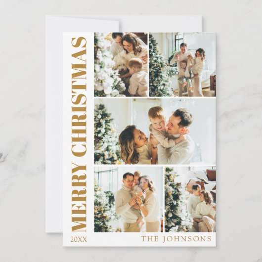家族モダン写真スタイリッシュコラージュ金ゴールドクリスマス シーズンカード (正面)