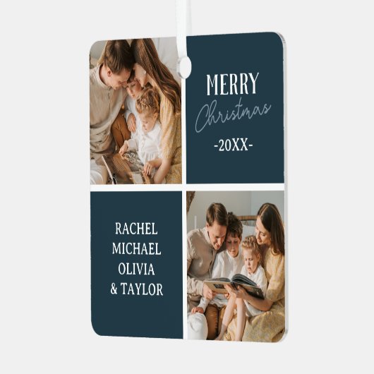 家族モダン写真ブルーメリークリスマス メタルオーナメント (正面左)