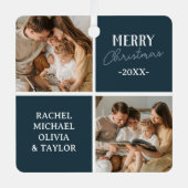 家族モダン写真ブルーメリークリスマス メタルオーナメント (正面)