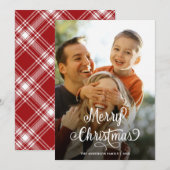 家族モダン写真メリークリスマススクリプトタータンチェック シーズンカード (正面/裏面)