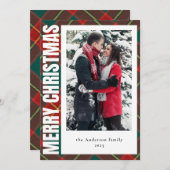 家族モダン写真レッドと緑の格子模様のクリスマス シーズンカード (正面/裏面)