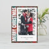 家族モダン写真レッドと緑の格子模様のクリスマス シーズンカード (スタンド正面)