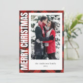 家族モダン写真レッドプレイドメリークリスマス シーズンカード (スタンド正面)