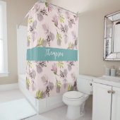 家族モダン名かわいいフローラスクリプトピンク、青 シャワーカーテン (インサイチュ)