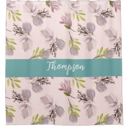 家族モダン名かわいいフローラスクリプトピンク、青 シャワーカーテン