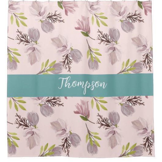 家族モダン名かわいいフローラスクリプトピンク、青 シャワーカーテン (正面)