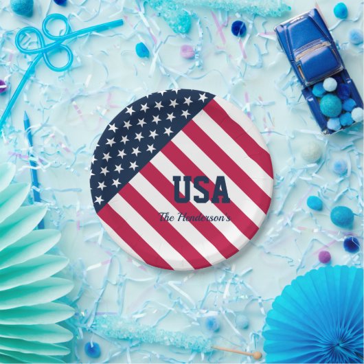 家族モダン名アメリカ国旗 ペーパープレート (パーティー)