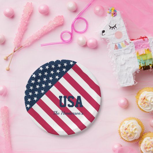 家族モダン名アメリカ国旗 ペーパープレート (パーティー)
