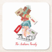 家族モダン名エレガント赤いホワイトクリスマス スクエアペーパーコースター (正面)