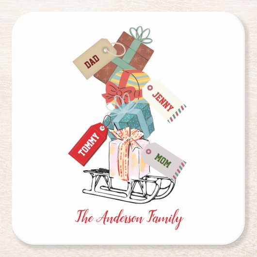 家族モダン名エレガント赤いホワイトクリスマス スクエアペーパーコースター (正面)