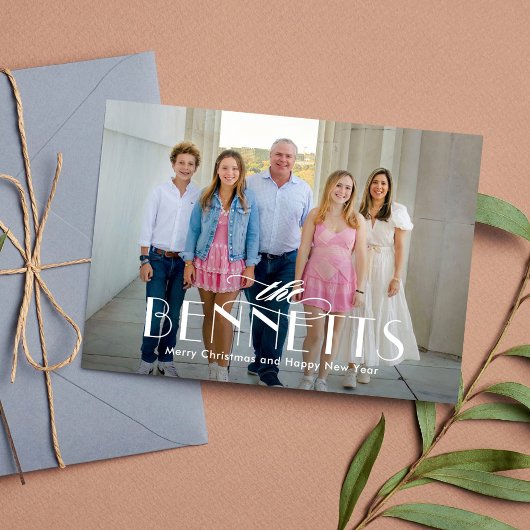 家族モダン名エレガントHoliday Photo Card シーズンカード