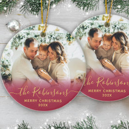 家族モダン名スクリプト写真メリークリスマス セラミックオーナメント