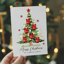 家族モダン名メリークリスマスツリーカード シーズンカード