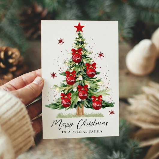家族モダン名メリークリスマスツリーカード シーズンカード