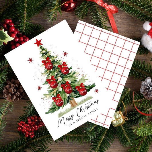 家族モダン名メリークリスマスツリーカード シーズンカード