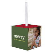 家族モダン名メリーミニマルクリスマス写真 キューブオーナメント (裏面アングル)