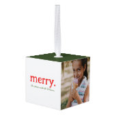 家族モダン名メリーミニマルクリスマス写真 キューブオーナメント (裏面アングル)