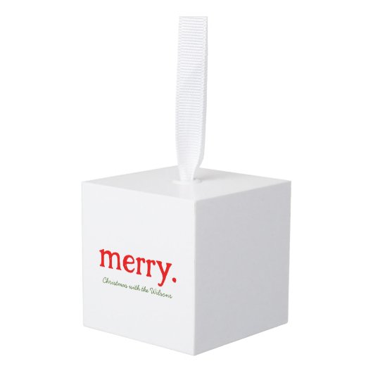 家族モダン名メリーミニマルクリスマス キューブオーナメント (正面アングル)