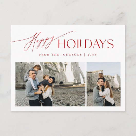 家族モダン赤と白写真クリスマス シーズンポストカード (正面)