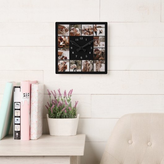 家族モダン12フォトコラージブラックキープサケ スクエア壁時計 (読書スペース)