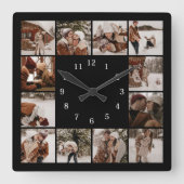 家族モダン12フォトコラージブラックキープサケ スクエア壁時計 (正面)