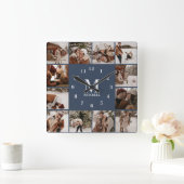 家族モダン12フォトコラージモノグラムネイビーブルー スクエア壁時計 (ホーム)