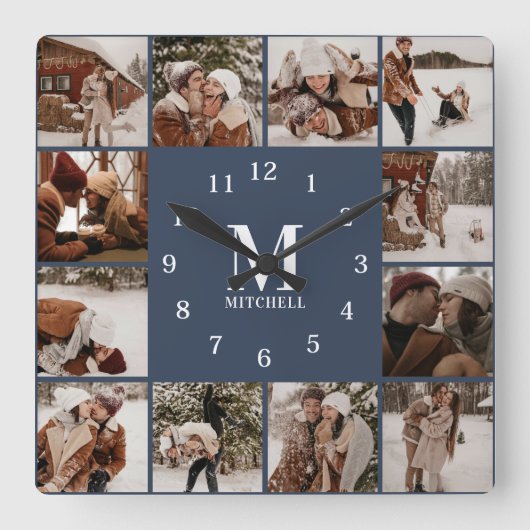 家族モダン12フォトコラージモノグラムネイビーブルー スクエア壁時計 (正面)