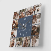 家族モダン12フォトコラージモノグラムネイビーブルー スクエア壁時計 (傾斜)