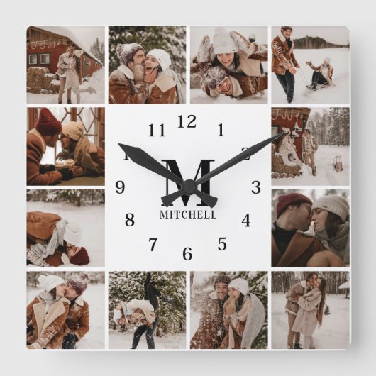 家族モダン12フォトコラージュ | モノグラム形形器 スクエア壁時計 (正面)