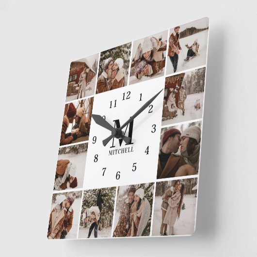 家族モダン12フォトコラージュ | モノグラム形形器 スクエア壁時計 (傾斜)