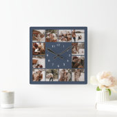 家族モダン12写真コラージュ海軍ブルー形容保 スクエア壁時計 (ホーム)