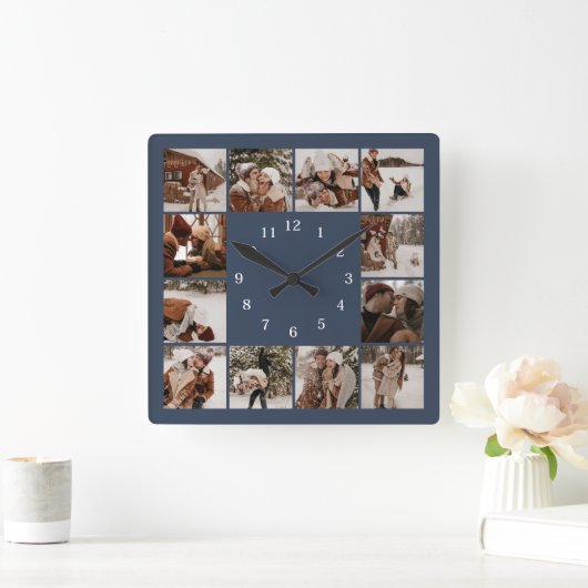 家族モダン12写真コラージュ海軍ブルー形容保 スクエア壁時計 (ホーム)