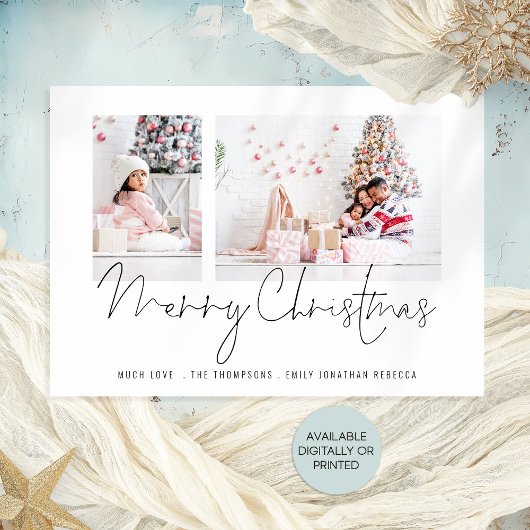 家族モダン2枚の写真スクリプトメリークリスマスカード シーズンカード